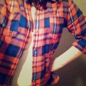 Orange and blue flannel button up