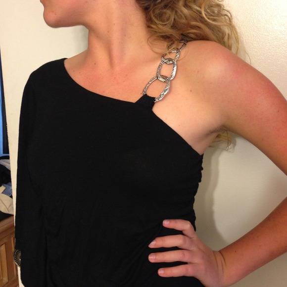 Beautiful black, asymmetrical, ruched top/dress.