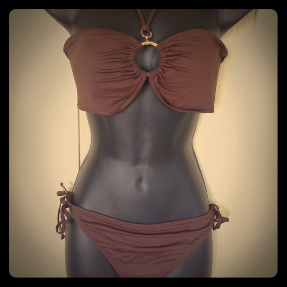 Brown with gold accent bikini, 2 tops and 1 bottom