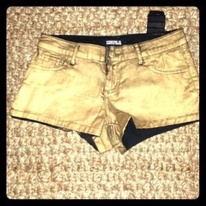 Metallic coated denim shorts