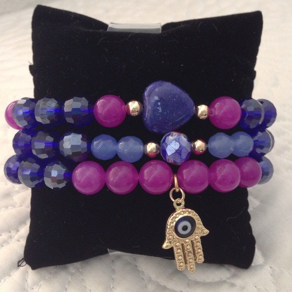 Set of 3 beaded bracelets - Hamsa - aqua and blue