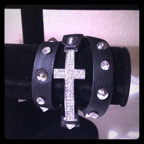 NEW! Black leather cross bracelet
