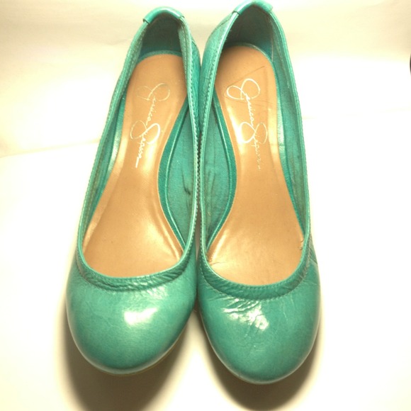 Jessica Simpson blue wooden wedge flats