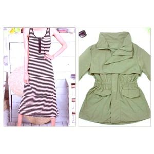 Racer Back Striped Dress & Army Green Jacket