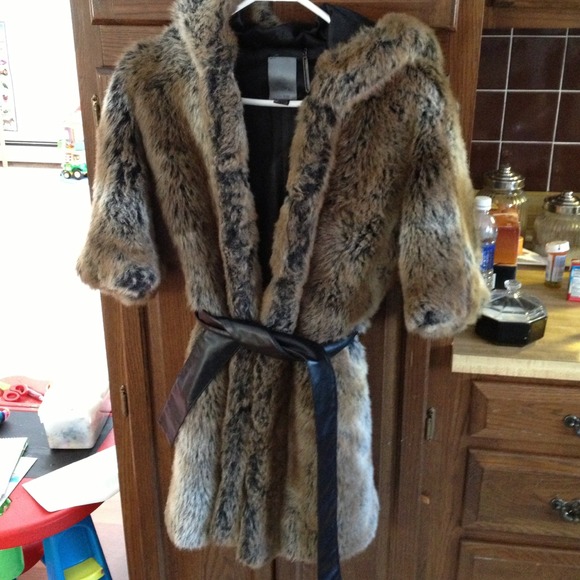 Faux fur coat with leather belt