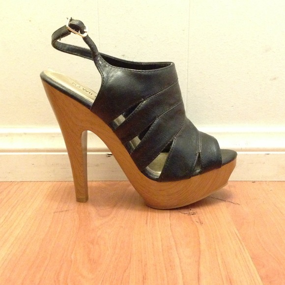 Cut Out Strapy faux wooden  Heels in Black