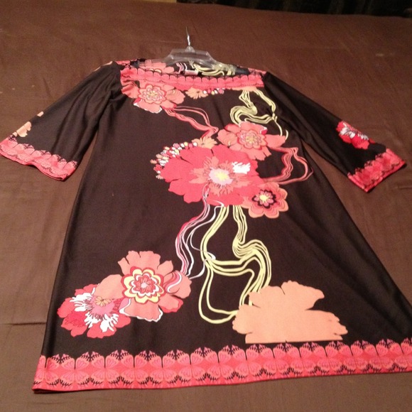 Ladies dress Chocolate Brown with Coral & yellow - Picture 1 of 4