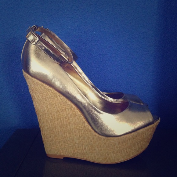 Bebe Shoes Bebe Jade Woven Sandal Wedge In Gold Poshmark