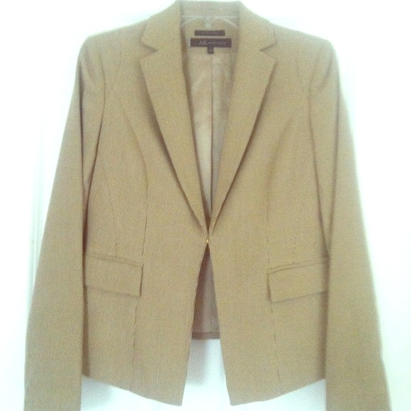 Beige blazer with threads of cranberry and navy.