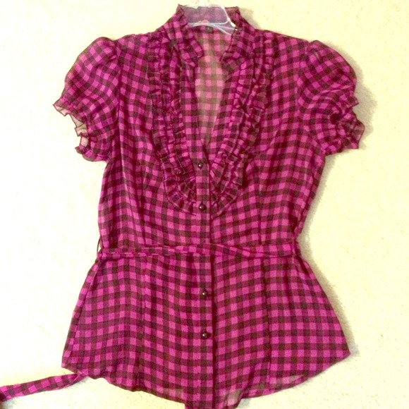 Fuschia and black plaid blouse