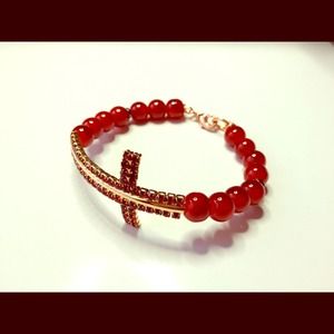 Red cross symbol & red glass bead copper bracelet
