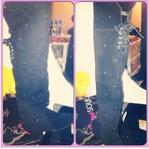 Knee high black wedge boots