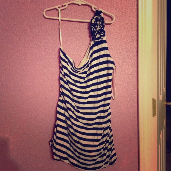 one shouldered navy blue and white striped top