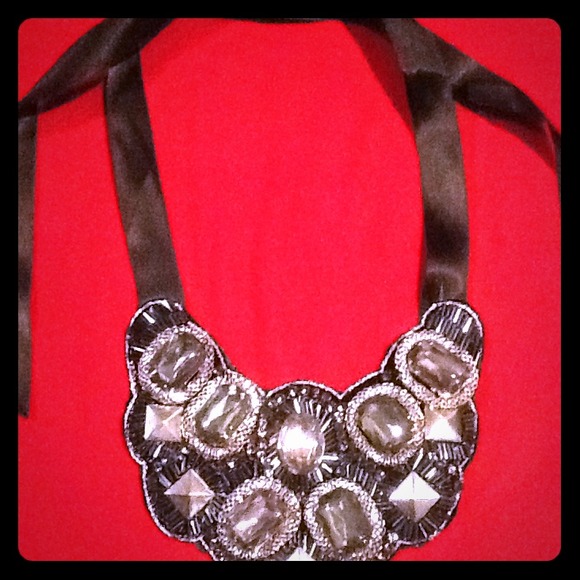 High end crystal necklace  with black silk ribbon