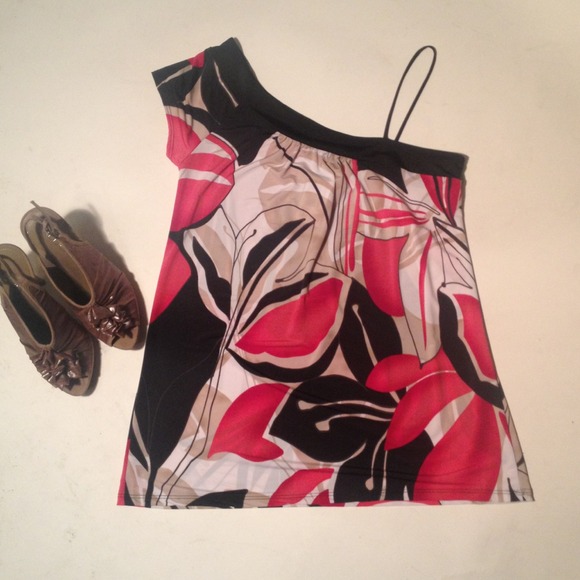 One shoulder black, red and taupe top. - Picture 2 of 3