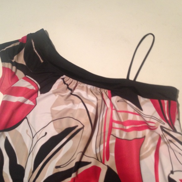 One shoulder black, red and taupe top. - Picture 3 of 3