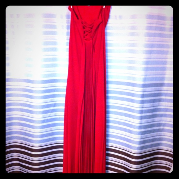 Red floor length dress. Beautiful back.
