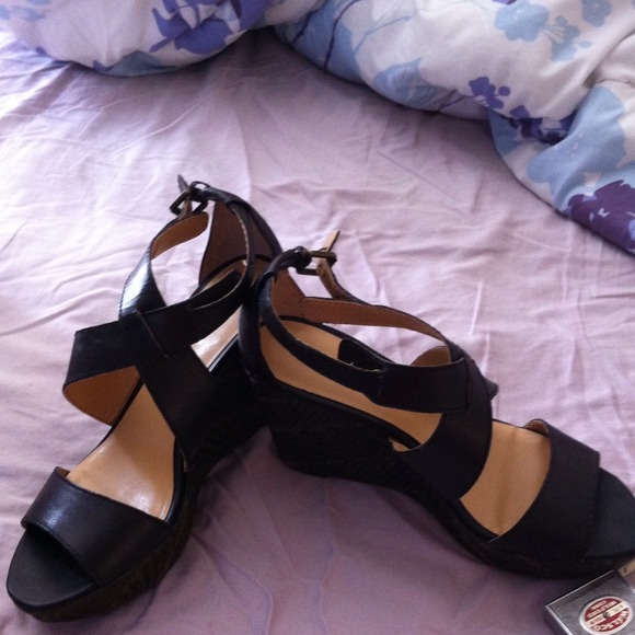 Black leather wedges