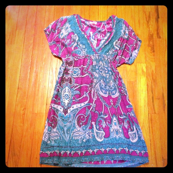 Purple, teal & pink dress