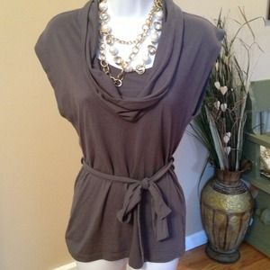 Chic grey sleeveless top with cowl neckline.
