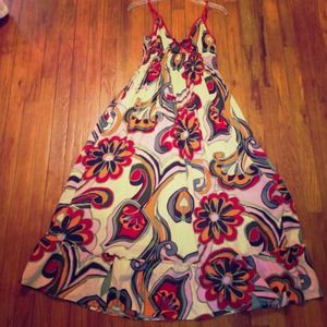Colorful floral printed maxi with red trim