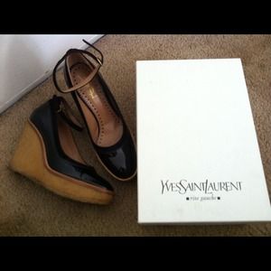 YSL black patent leather wedge w/ankle strap.