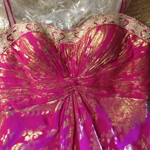 Fuchsia A-line dress with clear crystal beading