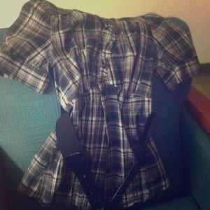 Plaid dress up top.