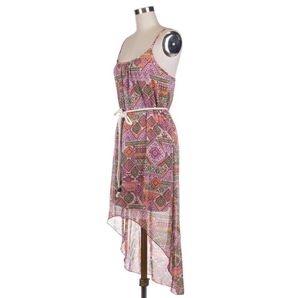 Tribal printed hi low dress with belt - Picture 2 of 3