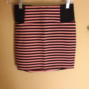 Salmon, Black, and White Striped Tight Skirt