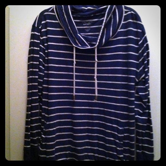 Blue and White Stripe Pullover Cowl Neck