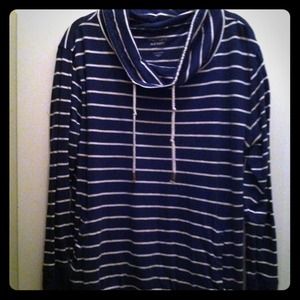 Blue and White Stripe Pullover Cowl Neck