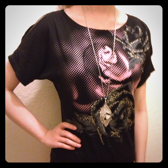 Dressy Black shirt with pink flower(:
