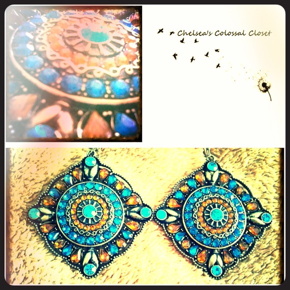 Dazzling Orange && Blue Rhinestoned Earrings 👂👂