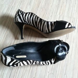 Max Studio zebra calf hair open toe pumps