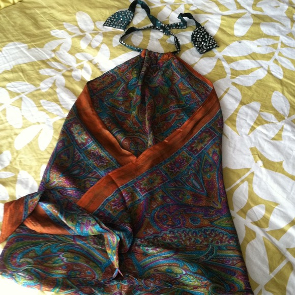 Red Haute silk halter top adorned with beads!