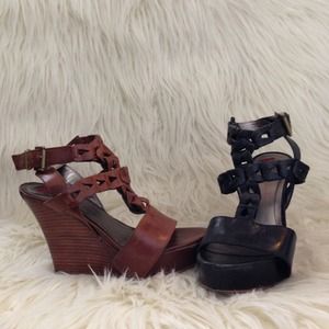 SOLD-2 pair Star Ling wedges, cognac/black, 4M
