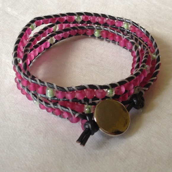 Handmade... Gray, pink, green wrap bracelet. - Picture 1 of 3