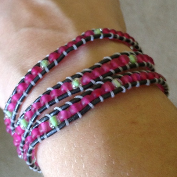 Handmade... Gray, pink, green wrap bracelet. - Picture 2 of 3