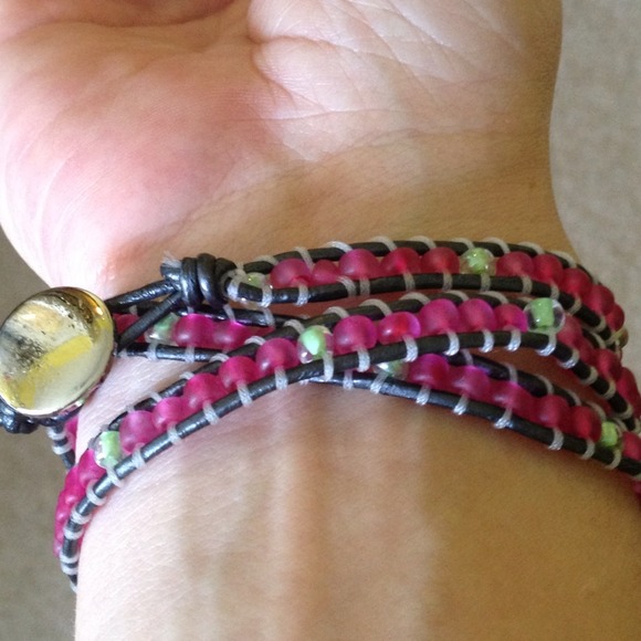 Handmade... Gray, pink, green wrap bracelet. - Picture 3 of 3