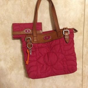 Fossil Burgundy Key-Per Tote Purse & Wallet!