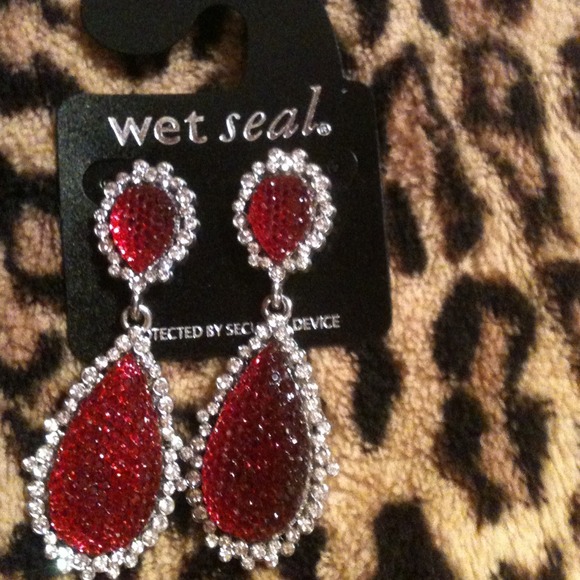 Red jeweled earrings worn once