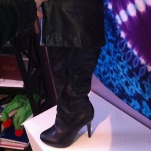 Thigh high black leather platform boots