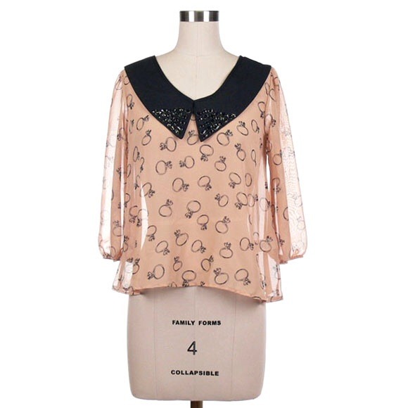 Ring printed and stud on collar chiffon top. - Picture 1 of 3