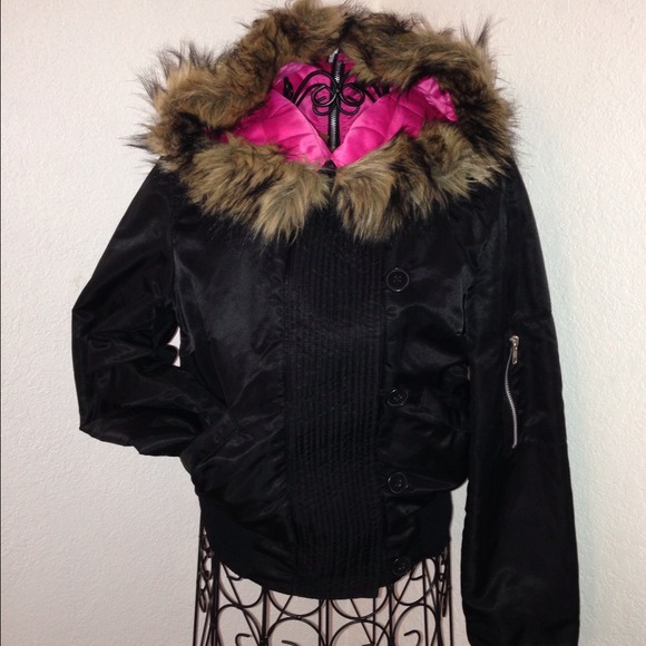 'Arden B' bomber jacket w/ faux fur hood - Picture 2 of 4