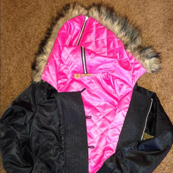 'Arden B' bomber jacket w/ faux fur hood - Picture 3 of 4
