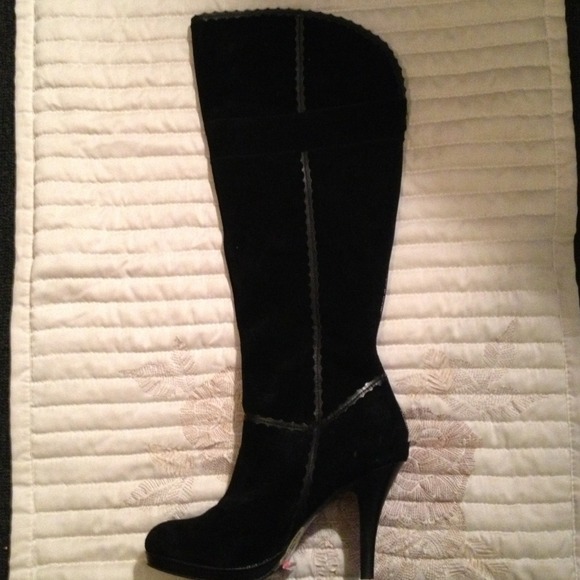 Black suede high heel boot