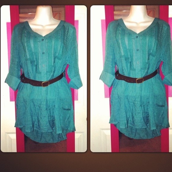 Teal Blouse with Brown Belt