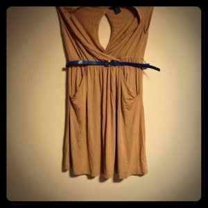 Nude Cut-Out Dress w/ Thin Blue Belt