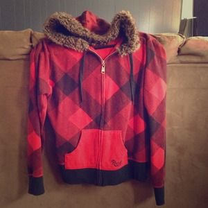 ROXY Hoody. Red & blk flannel print